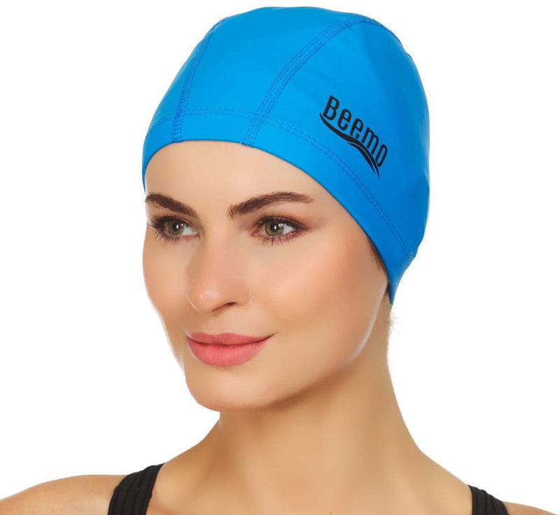 BEEMO Kids Men or Womens Swim Cap Latex Lycra Long or Short Hair Soft Comfortable Stylish Covers Ears and Protects Hair from Sun Salt or Chlorine Perfect for Water Activities Royal Blue - BeesActive Australia