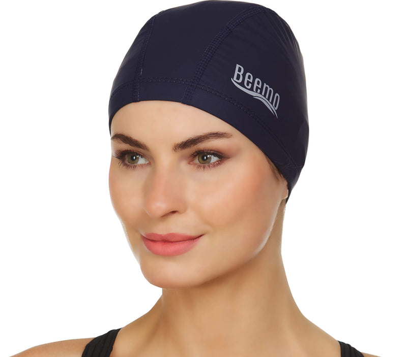 BEEMO Kids Men or Womens Swim Cap Latex Lycra Long or Short Hair Soft Comfortable Stylish Covers Ears and Protects Hair from Sun Salt or Chlorine Perfect for Water Activities Navy - BeesActive Australia