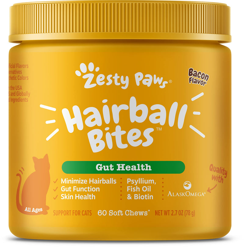 Zesty Paws Hairball Bites for Cats - Cat Furball Control - Functional Supplement with Omega 3 Fish Oil EPA & DHA + Mineral Oil, Zinc, Biotin & Psyllium Husk - Supports Gut & Skin Health - 60 Count - BeesActive Australia