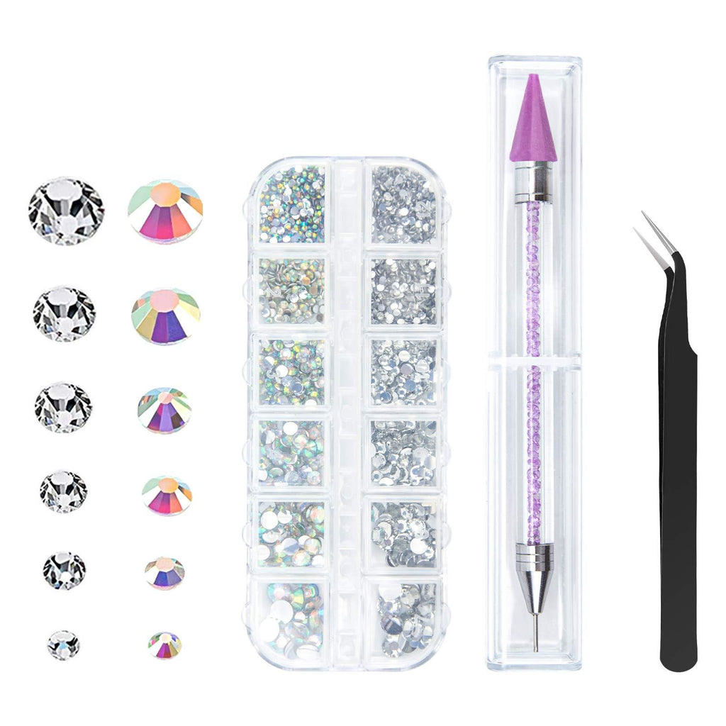 Canvalite 1500PCS Rhinestones in 6 Sizes Flat Back Gems, Crystal AB Rhinestones Nail Art Gems with Pick Up Tweezers and Rhinestone Picker Dotting Pen, Nail Art Tools for Nails, Clothes, Face, Craft - BeesActive Australia