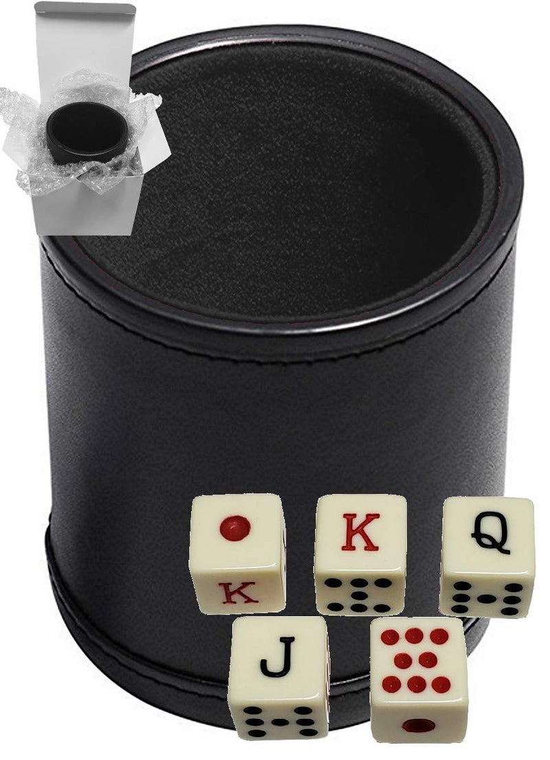 Set of 16mm Poker Dice Squared Corners and Black PU Leather Dice Cup Plush Felt Lined - Gift Boxed Spanish Poker (Ivory), Black/Black Cup - BeesActive Australia