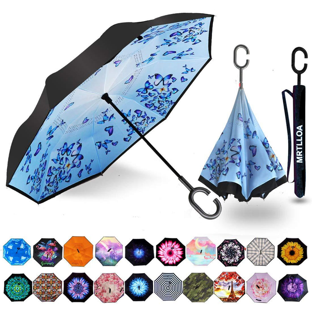 MRTLLOA Double Layer Inverted Umbrella with C-Shaped Handle, Anti-UV Waterproof Windproof Straight Umbrella for Car Rain Outdoor Use (N-Orchid Butterfly) N-Art Butterfly - BeesActive Australia