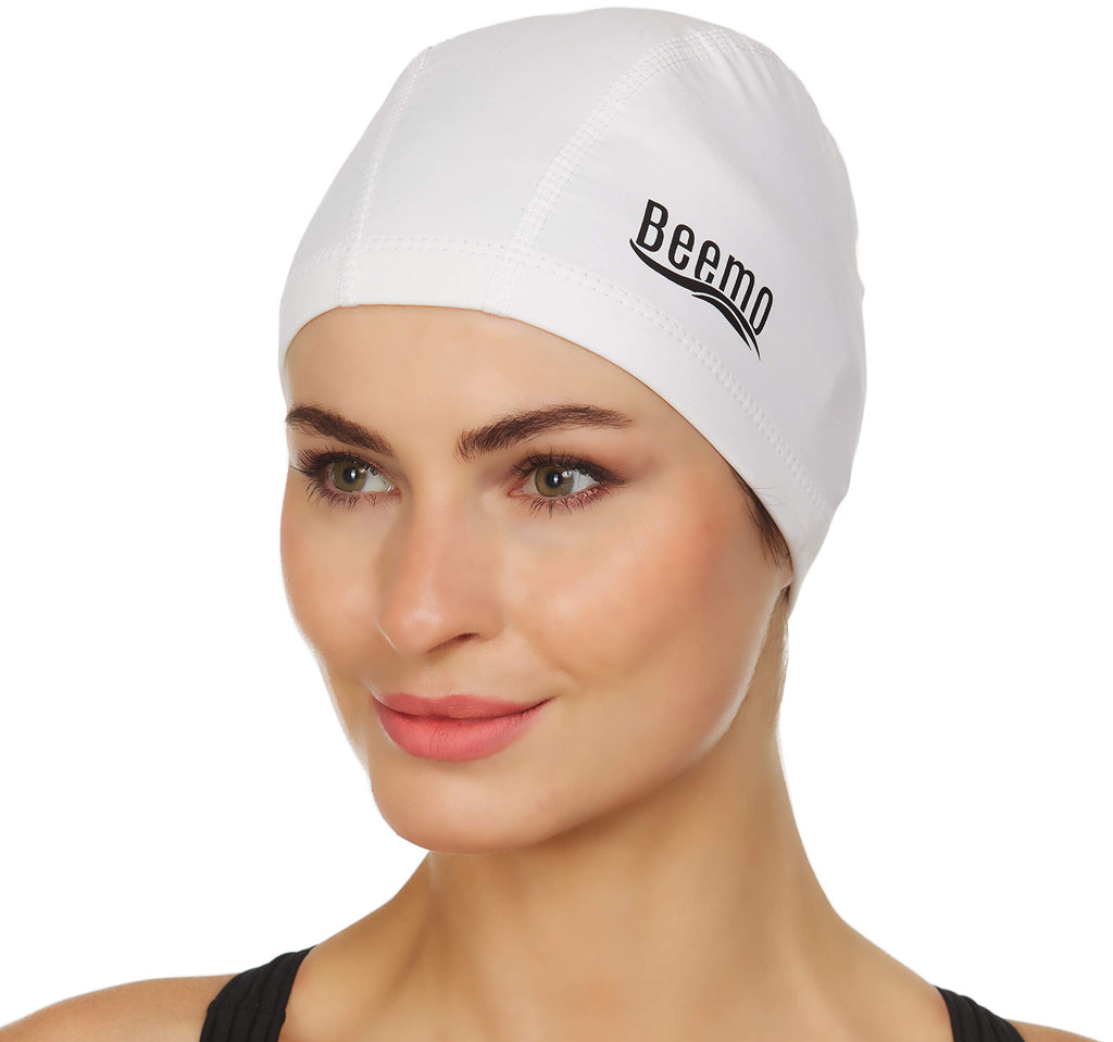 BEEMO Kids Men or Womens Swim Cap Latex Lycra Long or Short Hair Soft Comfortable Stylish Covers Ears and Protects Hair from Sun Salt or Chlorine Perfect for Water Activities White - BeesActive Australia