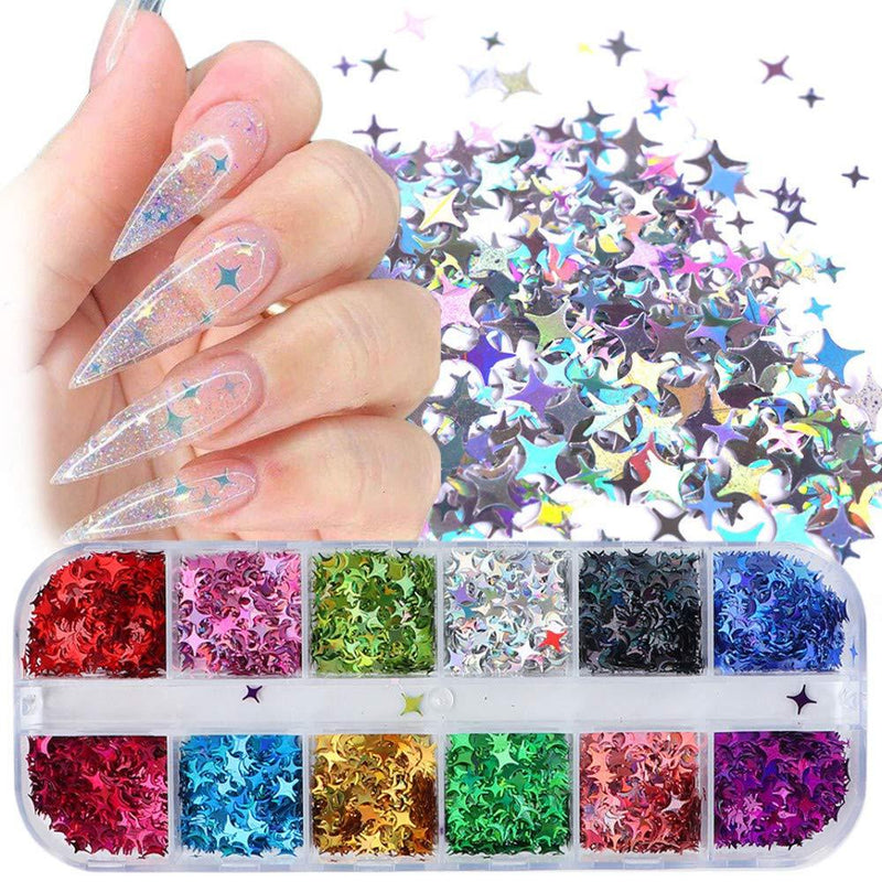 Sparkle Nail Art Glitter Decals Shining Star Nail Art Stickers Sequins Gold Silver Black Nails Spangles Paillette Colorful Nail Flakes Manicure Tips Accessories UV Gel Nail Decorations Kit 12 Grids 1 - BeesActive Australia