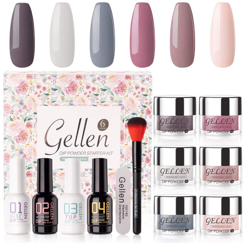 Gellen Dip Powder Nail Starter Kit - 6 Colors Acrylic Dipping Powders - with Base Top Coat/Activator/Brush Saver Essential Tools, Trendy Nail Art Manicure Set, Nude Grays - BeesActive Australia