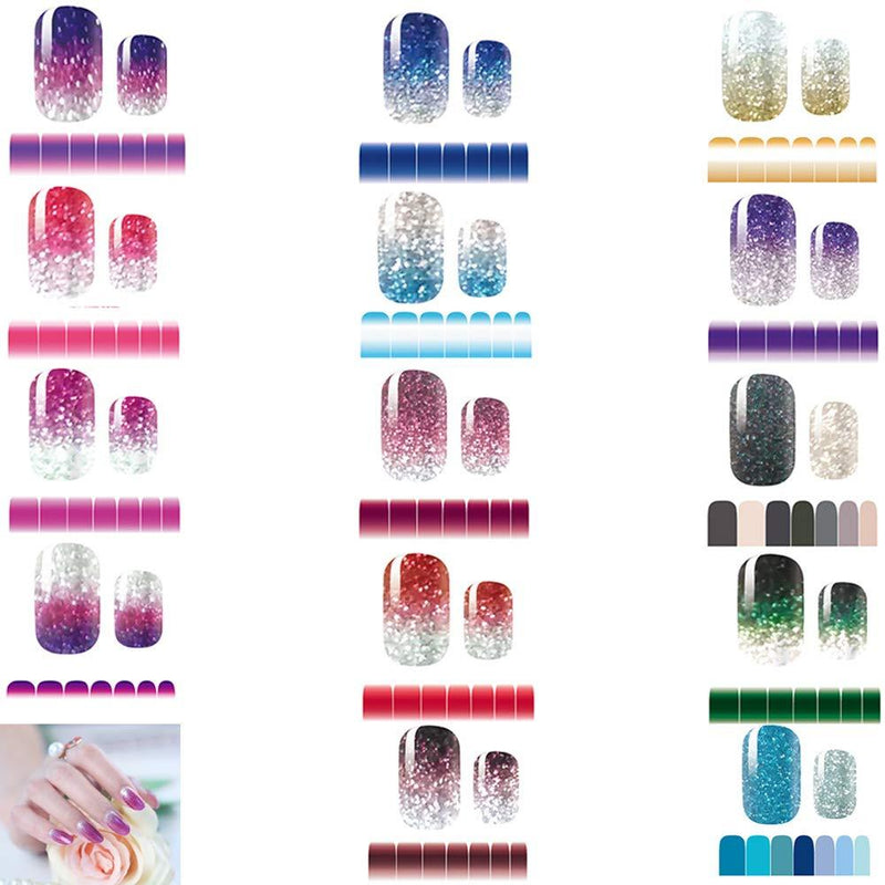 Full Nail Stickers 14 Sheets, Glitter Gradient Color Full Wraps Polish Strips, Nail Art Decals, Self-Adhesive Nail Art Sets for Women Girls. A - BeesActive Australia