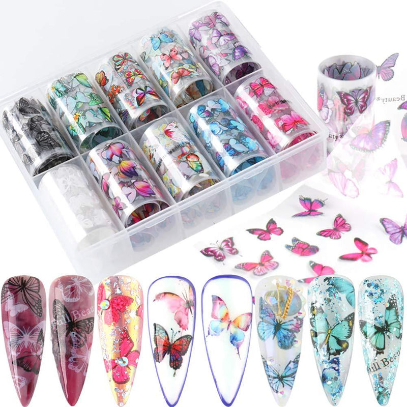 Butterfly Nail Art Foil Transfer Stickers 10 Rolls Butterfly Nail Art Decals Nail Decorations Supplies for Women Poly Nail Gel DIY Design Nail Transfer Tips Manicure Art Kit - BeesActive Australia