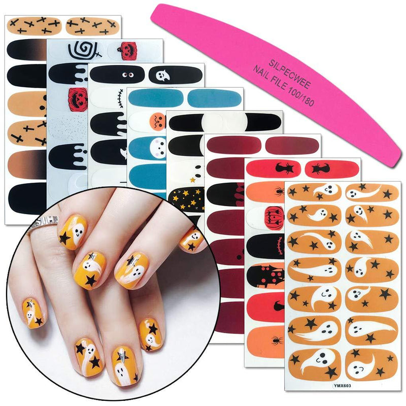 SILPECWEE 8 Sheets Adhesive Nail Wraps Stickers Strips and 1Pc Nail File Nail Polish Decals Tips Halloween Manicure Design for Women NO2 - BeesActive Australia