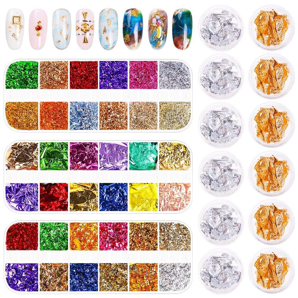 Gold Foil for Nails, Thrilez 48 Packs Resin Foil Flakes Gold Flakes for Resin Jewelry Making and Nail Art(Assorted Colors and Sizes) - BeesActive Australia