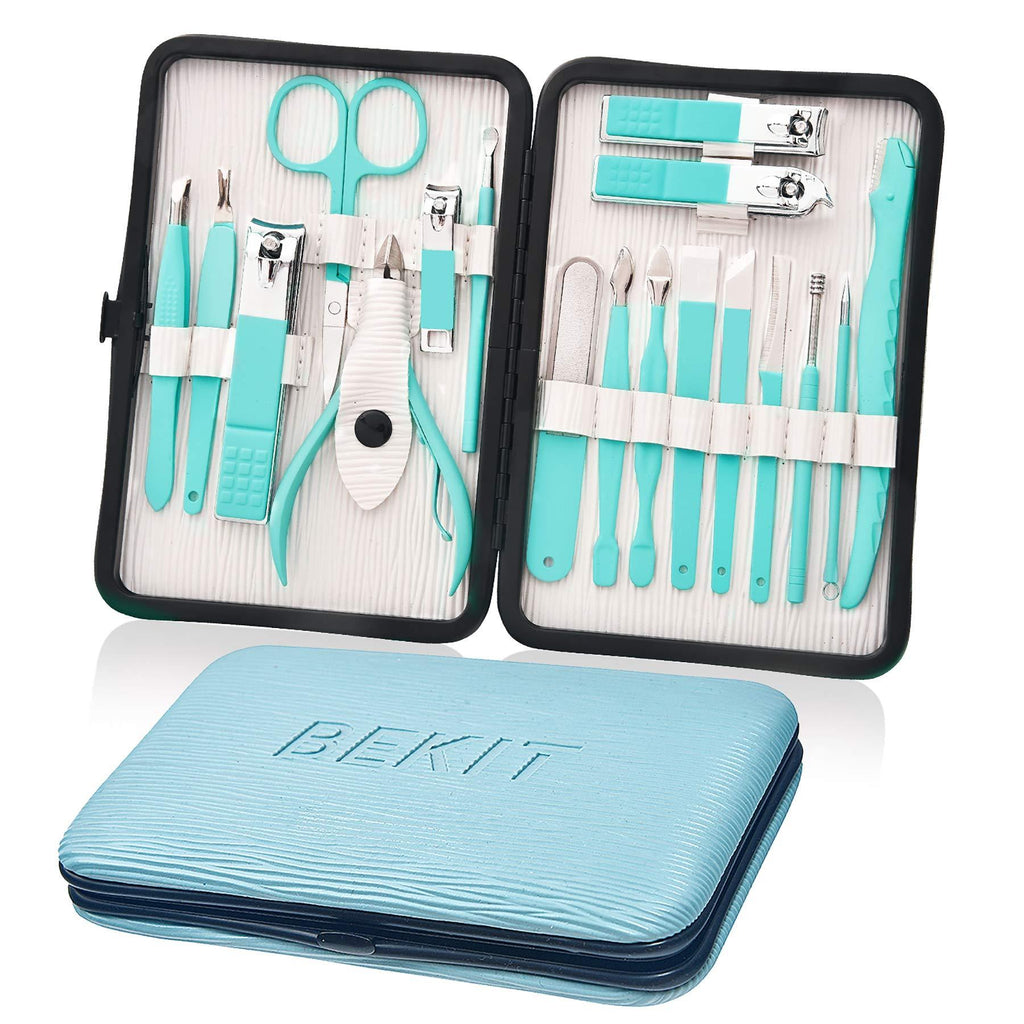 Bekit Manicure Set 18 in 1 Stainless Steel Professional Pedicure Kit Nail Scissors Grooming Kit Travel Case B01-Turquoise 18 in 1 Turquoise - BeesActive Australia