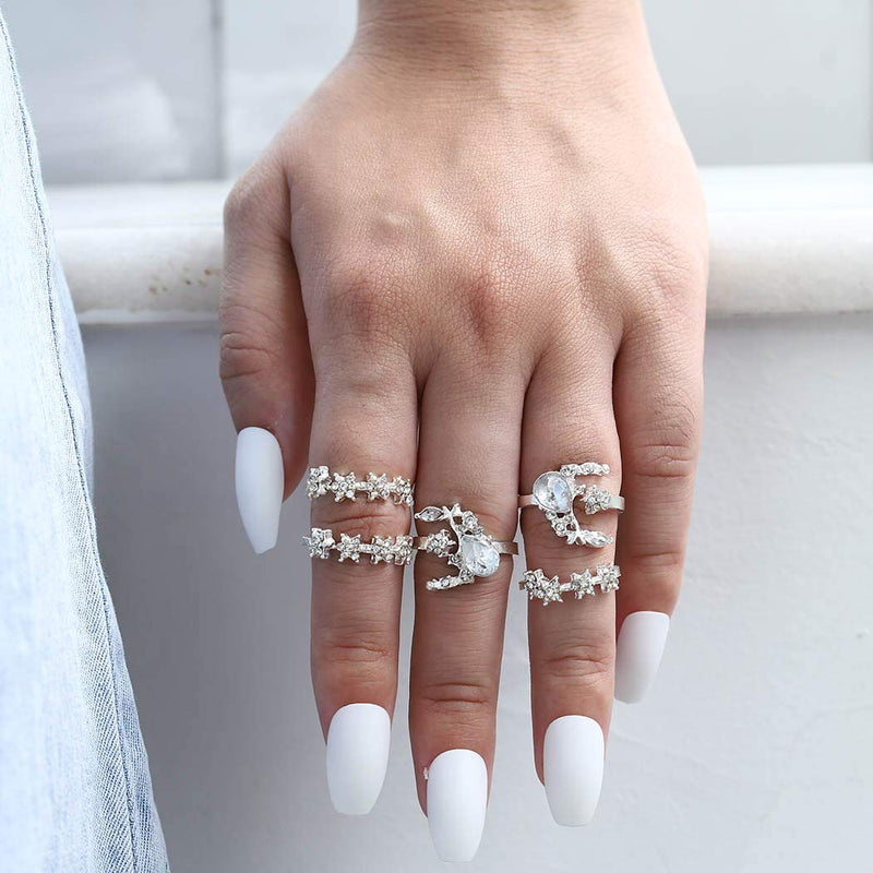 Funyrich Boho Rings Set Silver Vintage Wedding Crystal Joint Knuckle Rings Moon Star Stakable Midi Finger Ring Accessories for Women and Girls (Pack of 5) - BeesActive Australia