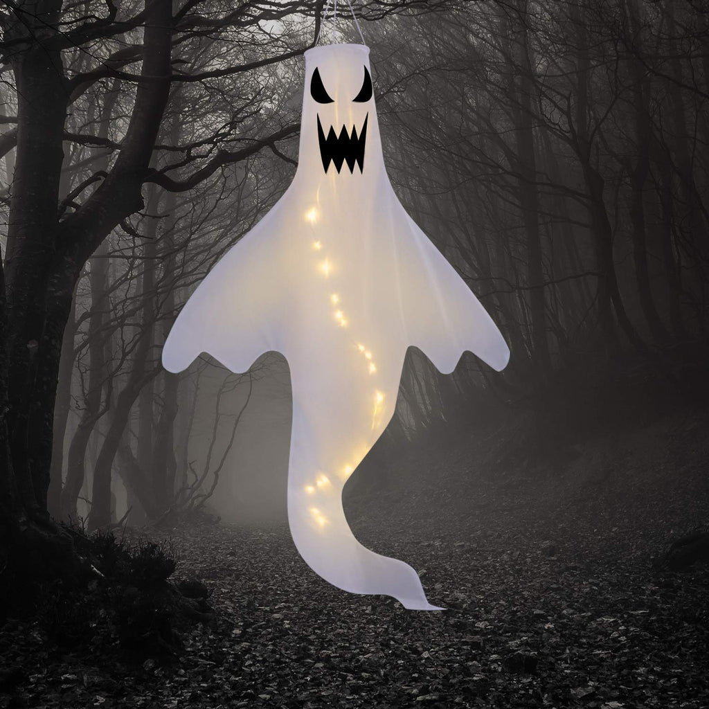 Halloween Ghost Shape Windsock Flag with Warm White LED Lights, Halloween Outdoor Hanging Decor for Yard Garden Patio Pathway Party Decoration - BeesActive Australia