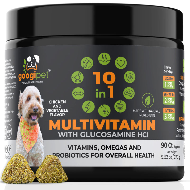 Googipet 10 in 1 Dog Multivitamin with Dog Probiotics for Dogs Gut Health, Dog Vitamins with MSM & Glucosamine for Dogs Hip & Joint Support - Chondroitin & Omega 3 for Skin & Coat - Allergy Support Chicken & Vegetable - BeesActive Australia