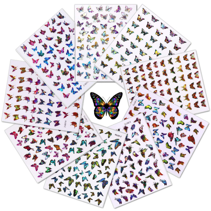 9 Sheets Holographic Butterfly Nail Art Stickers Self Adhesive Nail Decals Colorful Butterfly Designs for Nail Art Supplies DIY Nail Decorations - BeesActive Australia