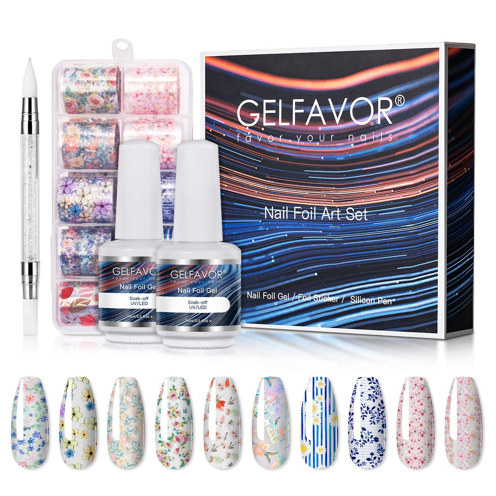 Gelfavor Nail Art Foil Glue Gel with Natural Flower Nail Stickers Set Foil Transfer Tips Manicure Art DIY 15ML2PCS, 10PCS Nail Decals(2.5x100cm) UV LED Lamp Required - BeesActive Australia