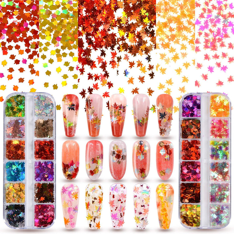 Warmfits Maple Glitter Fall Leaf for Nail Art 24 Colors Holographic Autumn Nail Art Chunky Glitter Brown Bronze Orange Gold Red Leaf Glitter for Nail Art Decals Craft Resin DIY Christmas Decorations Pattern A - BeesActive Australia