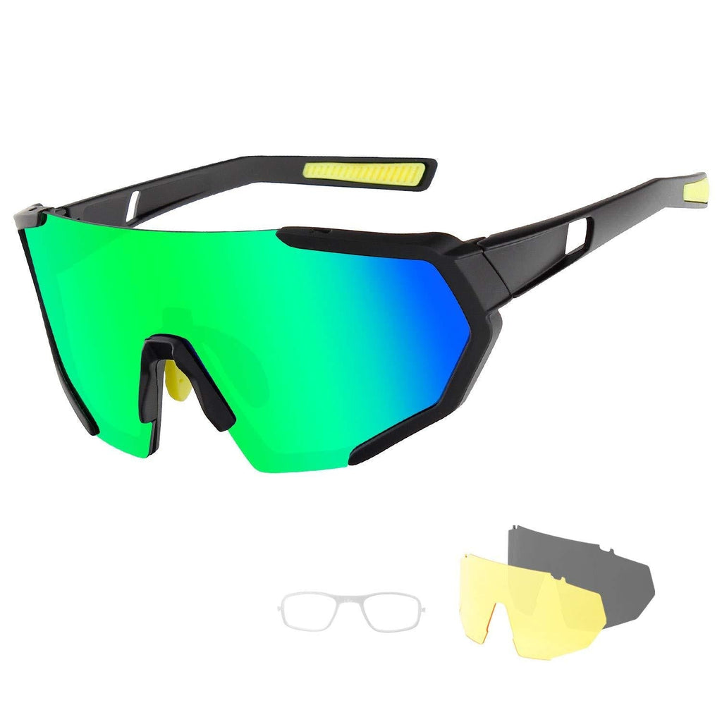 Cycling Sports Sunglasses with 3 Interchangeable Lenses,Polarized Bike Glasses for Men Women Black Green-3 Lens - BeesActive Australia
