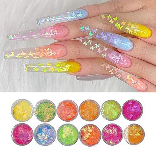 DIY 12pcs Mixed Color Butterfly Shape Nail Sequins Holographi Glitter Flakes Manicure Art Decoration Accessories Tools YCF-B-12C 12 Colors Set - BeesActive Australia