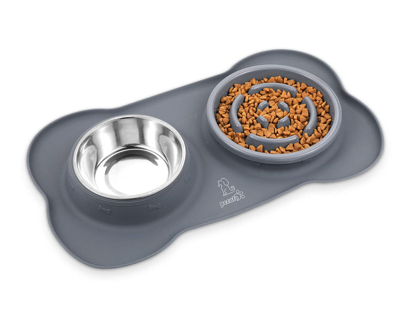 Pecute Dog Bowls Slow Feeder Bloat Stop Pet Bowl Eco-Friendly Non-Toxic No Chocking Healthy Design Bowl with No-Spill Non-Skid Silicone Mat Stainless Steel Water Bowl for Dogs Cats and Pets M-13.5oz/bowl Grey Bowl - BeesActive Australia