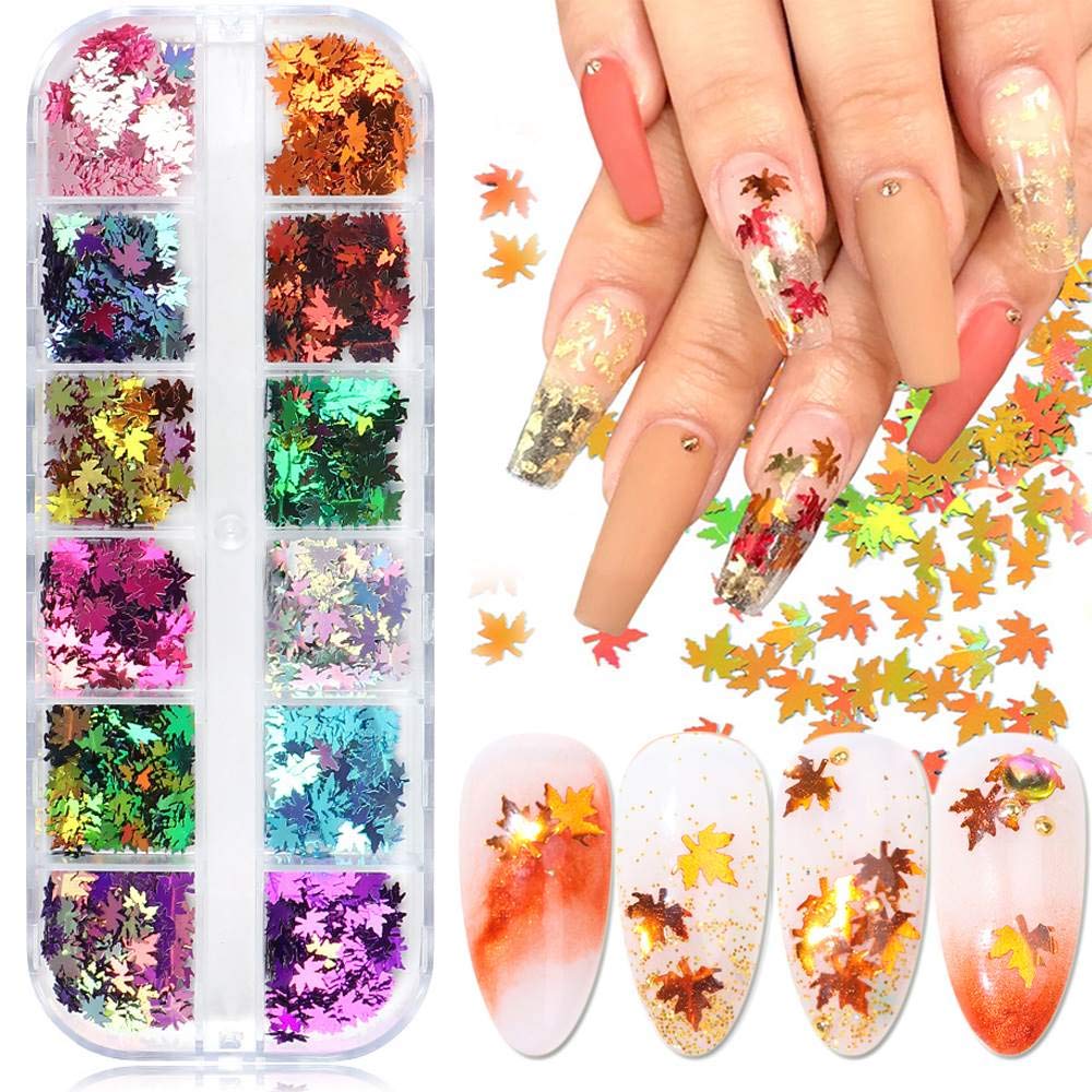 BFY Fall Nail Art Stickers Decals Fall Glitter Maple Laef Laser Nail Autumn Nail Art Sequins Nails Art Supplies Manicure Tips Accessories 12 Colors Gradient Maple Leaf Acrylic Nail Art Supplies - BeesActive Australia