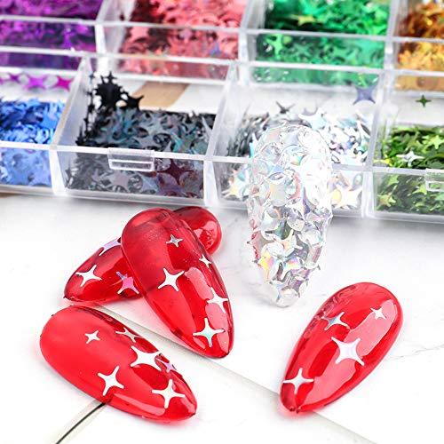 CHANGAR Nail Art Glitter Sequins, 3D Laser Cross Star Nail Paillette Decals Sticker Holographic Four-Angle Star Nail Sparkle Glitter for Manicure Make Up DIY Decals Decoration - BeesActive Australia