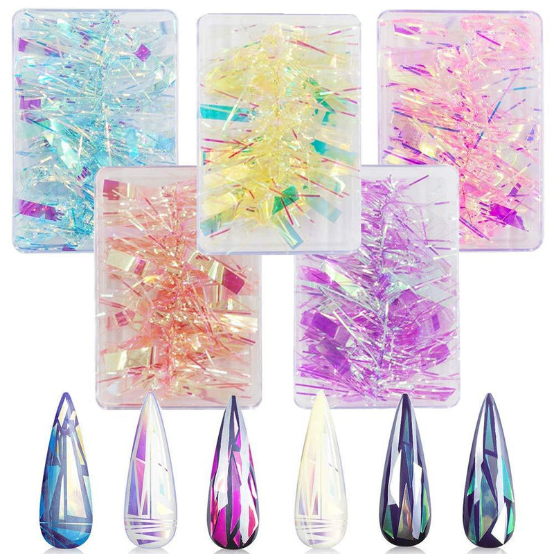 CHANGAR 5 Colors Gradient Aurora Glass Paper Nail Sticker, Reflective Mirror Design Broken Glass Stripe Line Paper Nail Decals 3D Broken Glass Pieces Mirror Foils DIY Nail Art Decoration (5 Boxes) - BeesActive Australia