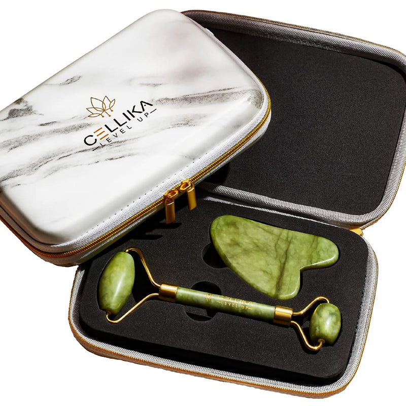 Xiuyan Jade Roller and Gua Sha Set with Shockproof Travel Case - Face Roller Skin Care Tool, Cellika Real Jade Roller for Face, Eyes, Neck & Body - Facial Roller Tutorial & Skincare Plan Included - BeesActive Australia