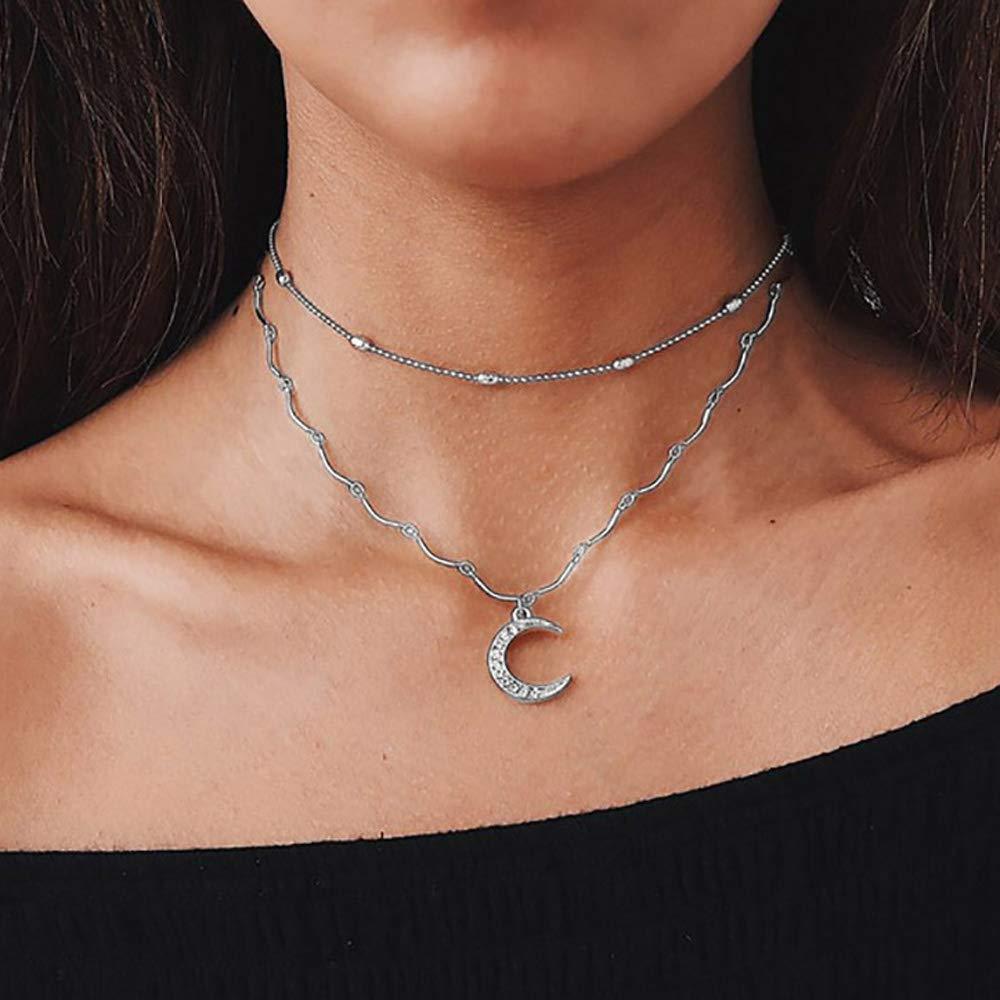 TseanYi Boho Moon Pendant Necklace Silver Satellite Chain Layered Necklaces Choker Horn Crescent Clavicle Chain Necklace Jewelry for Women and Girls (Silver) - BeesActive Australia