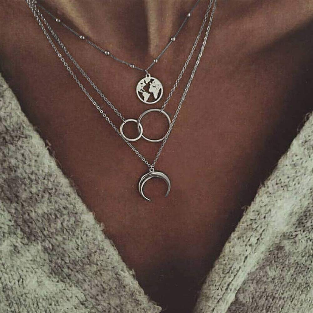 TseanYi Boho Layered Necklace Chain Silver Circle Moon Map Pendant Necklace Choker Eternal Karma Clavicle Necklace Jewelry for Women and Girls (Silver) - BeesActive Australia