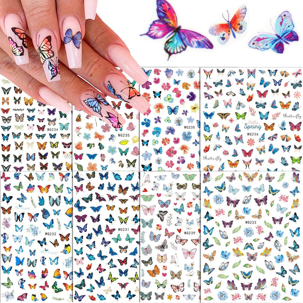 VellMix 3D Butterfly Nail Art Stickers Flower Butterfly Nail Design Supplies Self-Adhesive Butterfly Nail Decals Acrylic Nails Accessories Butterflies Nail Art Foils Manicure Tips(8 Sheets) - BeesActive Australia