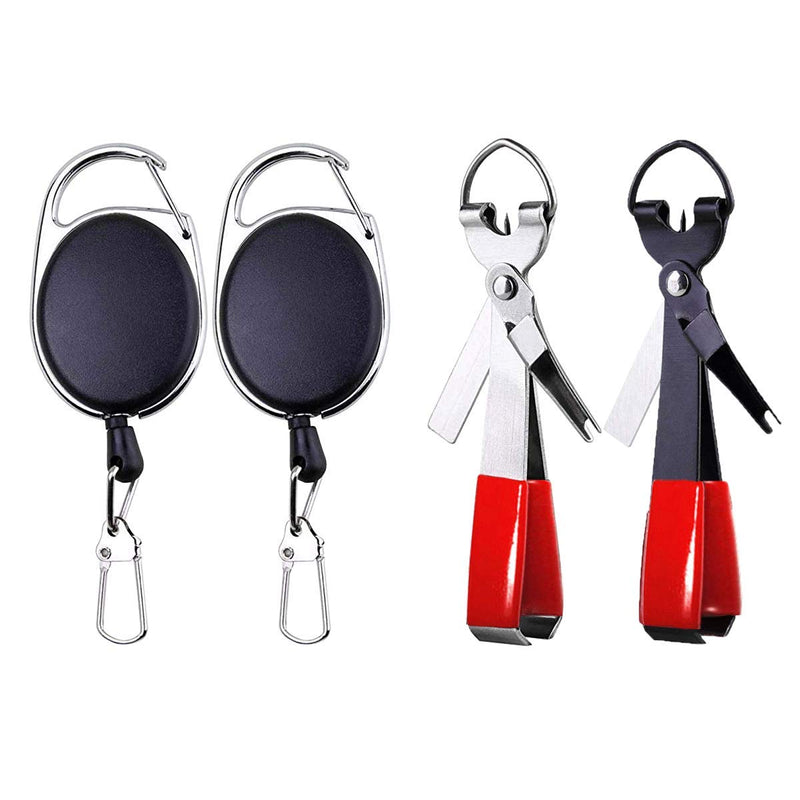 HiBD Fishing Quick Knot Tying Tool Stainless Steel 4 in 1 Tool Including Quick Knot Knotter Fly Line Clippers Hook Sharpener Hook Eye Needle with Zinger Retractor 2sets(Silver body red grips + Black body red grips) - BeesActive Australia