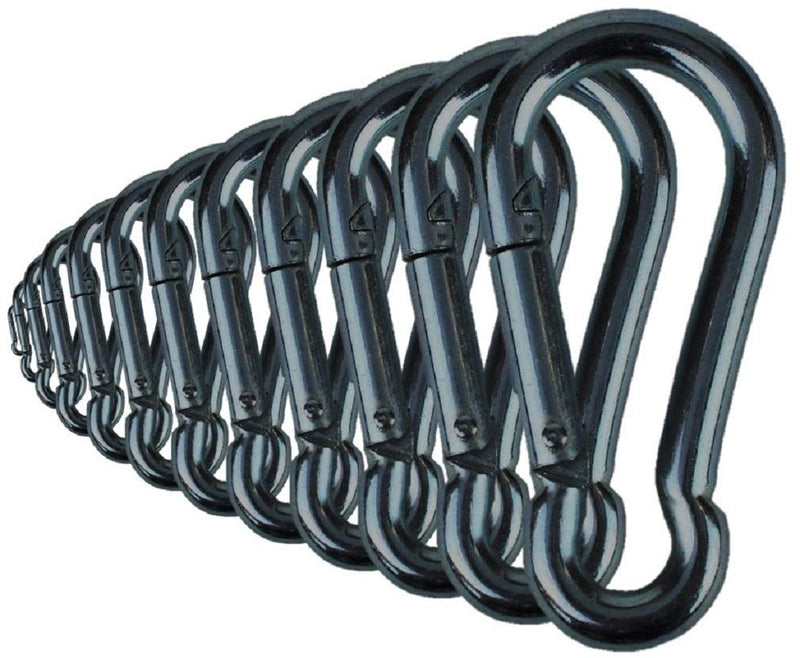 Branded Boards Black & Silver Heavy Duty Bushcraft Zinc-Galvanized Steel Carabiner Spring Snap Clip Link Hooks. 200-400lb Load. 6 Packs, 12 Packs and Variety Packs. Black-7cm-12 Pack - BeesActive Australia