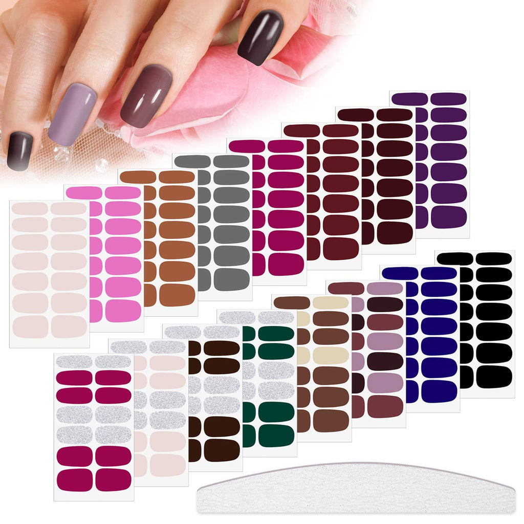 224 Pieces 16 Sheets Nail Polish Stickers Self-Adhesive Polish Wraps Stickers Classic Solid Glitter Adhesive Full Wraps Strips Nail Art Polish Decals with Nail File for Women Girls (Multicoloured) Multicoloured - BeesActive Australia