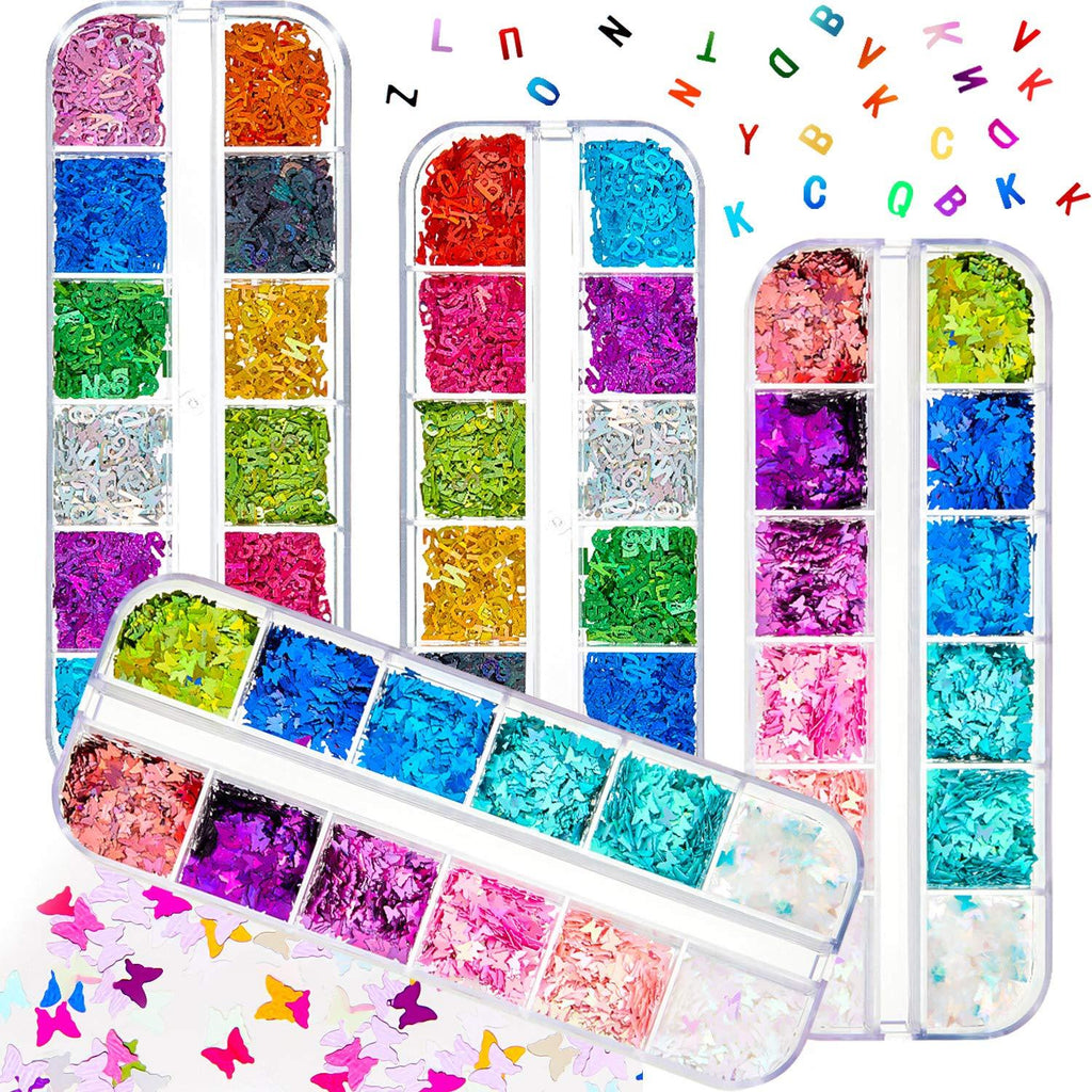 48 Grids Nail Sequins Butterfly and Letter Nail Decals 3D Mixed Holographic Nail Sequins Laser Letter Glitter Flakes for Nail Design DIY Decorations, Multicolors - BeesActive Australia