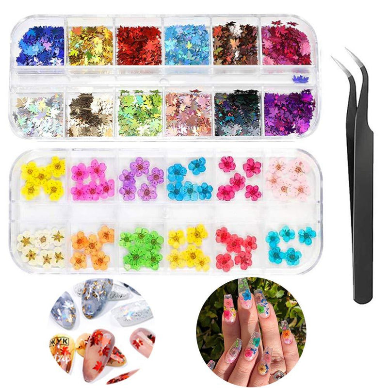 CHANGAR 3D Nail Dried Flowers Sticker Fall Maple Leaves Nail Glitter Sequins Set With Tweezers, Real Five Petal Dry Flowers Holographic Nail Sparkle Glitter for Manicure Make Up DIY Decals Decoration - BeesActive Australia