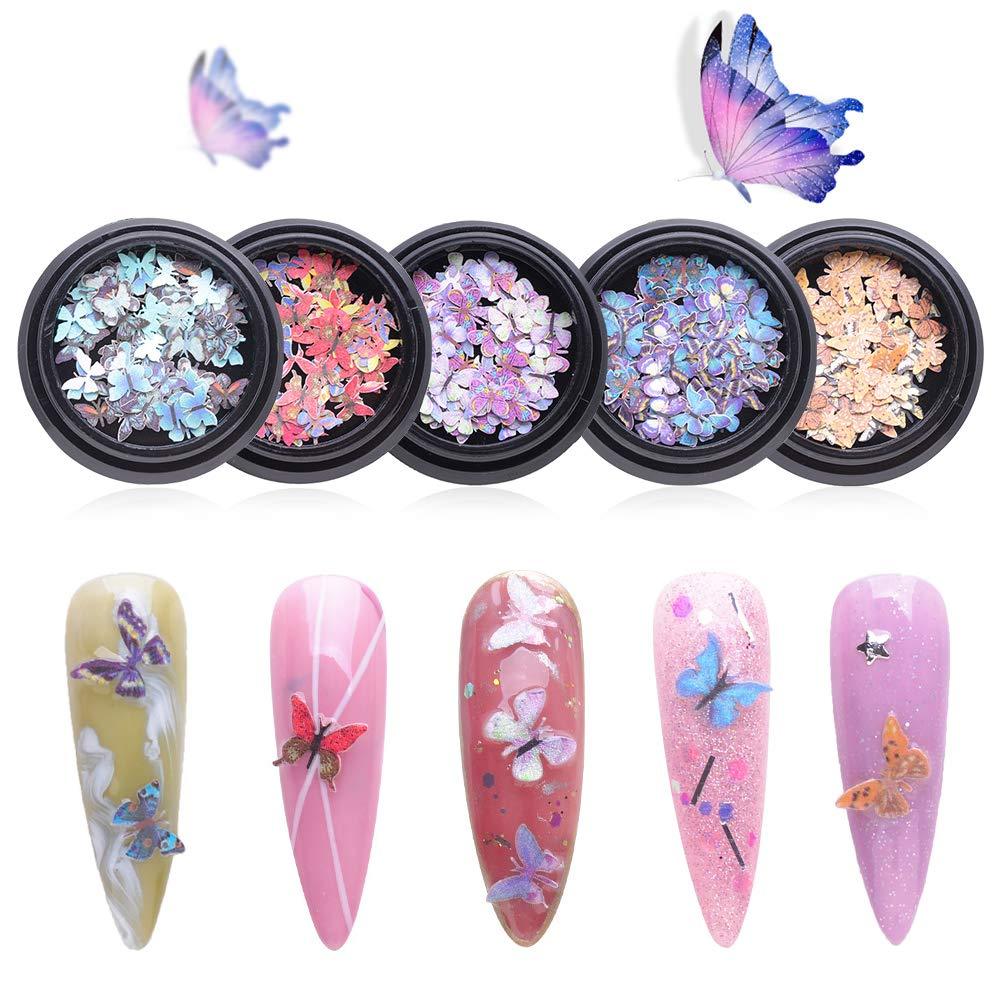 5 Boxes Butterfly Nail Art Decals Sticker Mixed Nail Art Butterfly Slice Flakes Manicure Nail DIY Decoration Supplies for Women Girl - BeesActive Australia