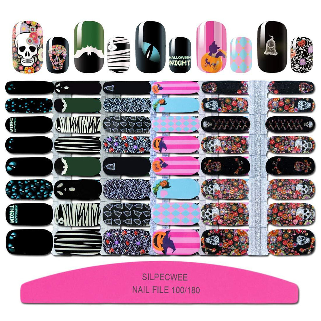 SILPECWEE 5 Sheets Adhesive Nail Wraps Stickers Tips with 1Pc Nail File Nail Polish Decals Strips Halloween Manicure Kit for Women NO2 - BeesActive Australia