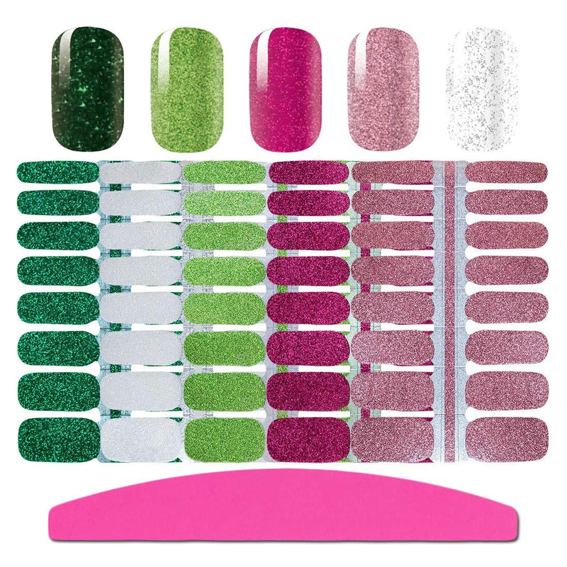 SILPECWEE 5 Sheets Glitter Nail Art Polish Stickers Tips With 1Pc Nail File Adhesive Nail Wraps Decals Strips Set Manicure Accessories NO1 - BeesActive Australia