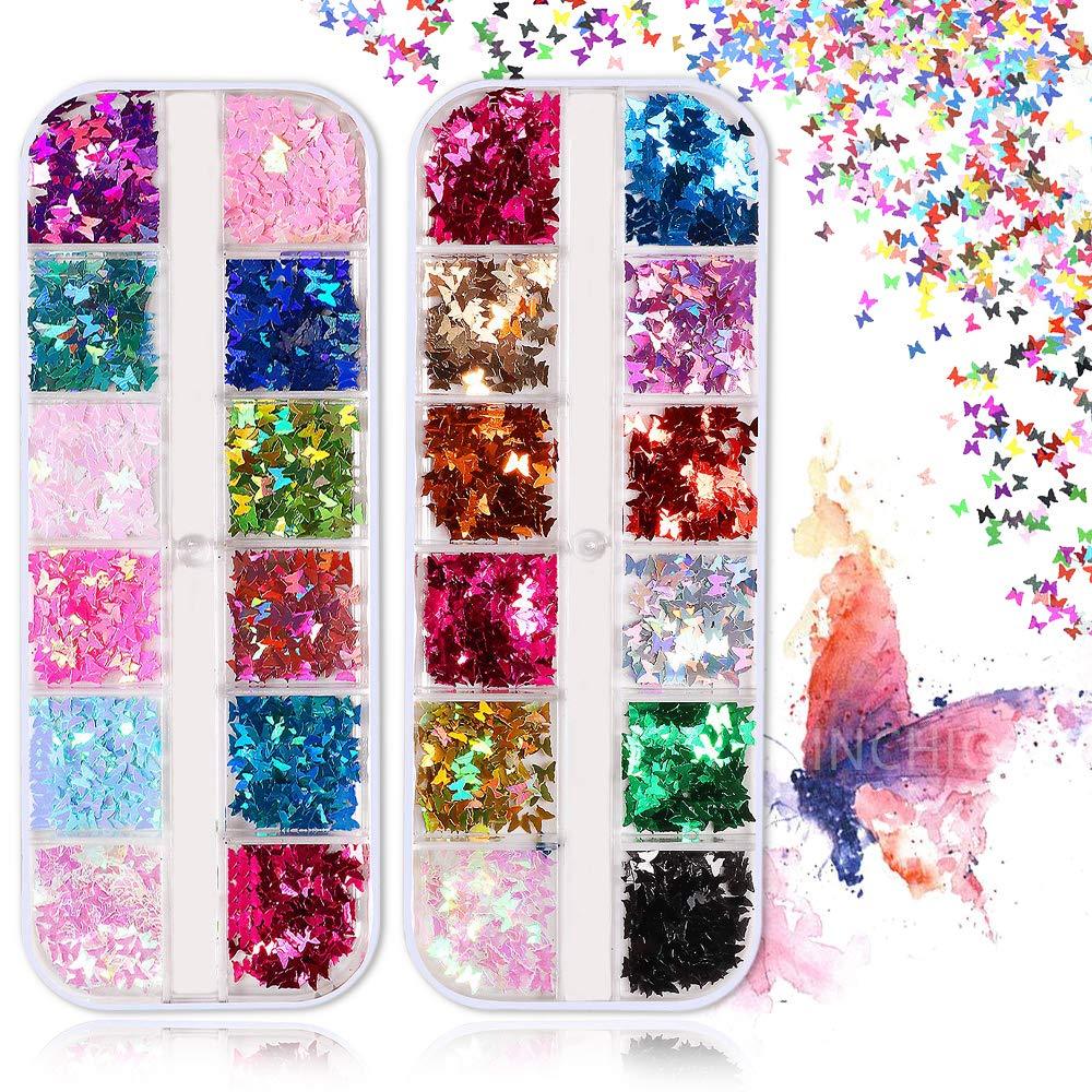 24 Color Holographic Butterfly Nail Glitter 3D Nails Art Sticker Acrylic Sequin DIY Sparkle Decoration (2 Boxes) 24 Boxes Butterfly - BeesActive Australia