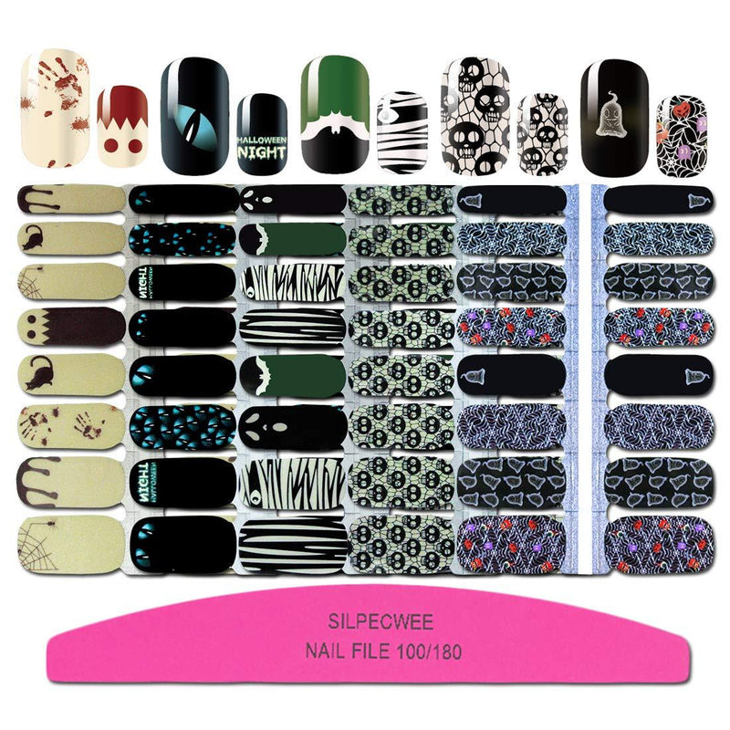 SILPECWEE 5 Sheets Halloween Adhesive Nail Art Polish Stickers Tips With 1Pc Nail File Glow In The Dark Nail Wraps Decals Manicure Accessories NO2 - BeesActive Australia