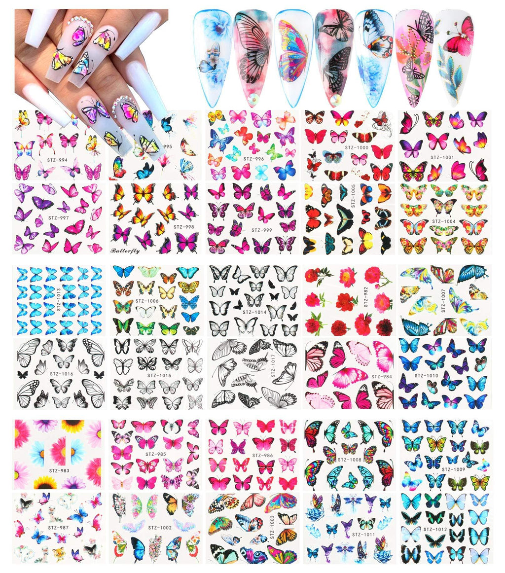 AUOCATTAIL 30 Sheets Butterfly Nail Art Stickers Colorful Water Transfer Butterflies Design for Nails Supply DIY Sticker Set Manicure Tips Butterfly Nail Decorations Kit - BeesActive Australia