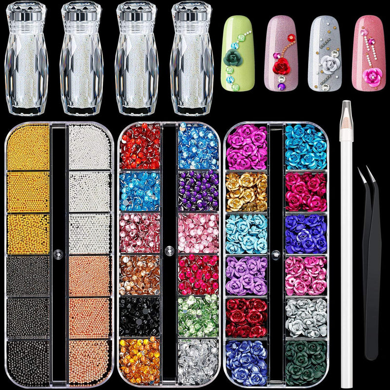 2000 Pieces Nail Art Rhinestones Flatback Crystal 12 Colors, 240 Pieces Metal 3D Roses Flowers, 4 Bottles AB Glass Nail Micro Caviar Beads with Micro Pixie Beads, Tweezers, Rhinestone Picker for DIY - BeesActive Australia