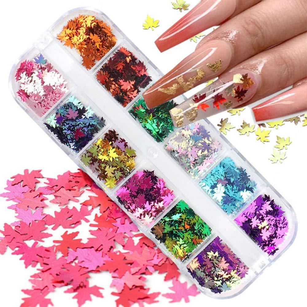 Fall Nail Art Sticker Fall Leaves Nail Art Decals Holographic 3D Laser Mixed Color Nail Art Supplies Maple Leaf Autumn Trends Fall Glitter Nail Sequins DIY Manicure Applique Nail Decoration 12 Grids - BeesActive Australia