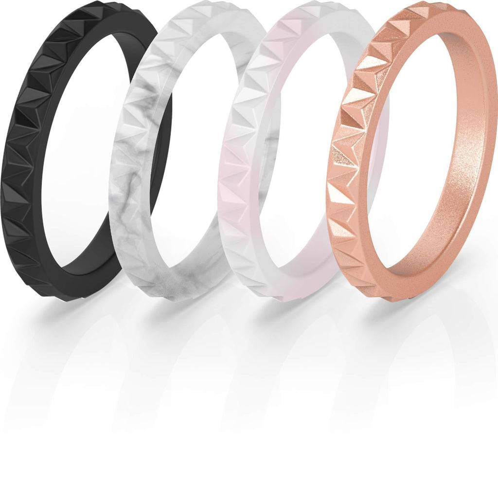 ThunderFit Thin Silicone Wedding Rings for Women - 4 Pack Triangle Diamond Stackable Rubber Engagement Bands- 2.8mm Width - 2mm Thickness Black, Marble, Light Rose Gold, Rose Gold 3.5 - 4 (14.9mm) - BeesActive Australia