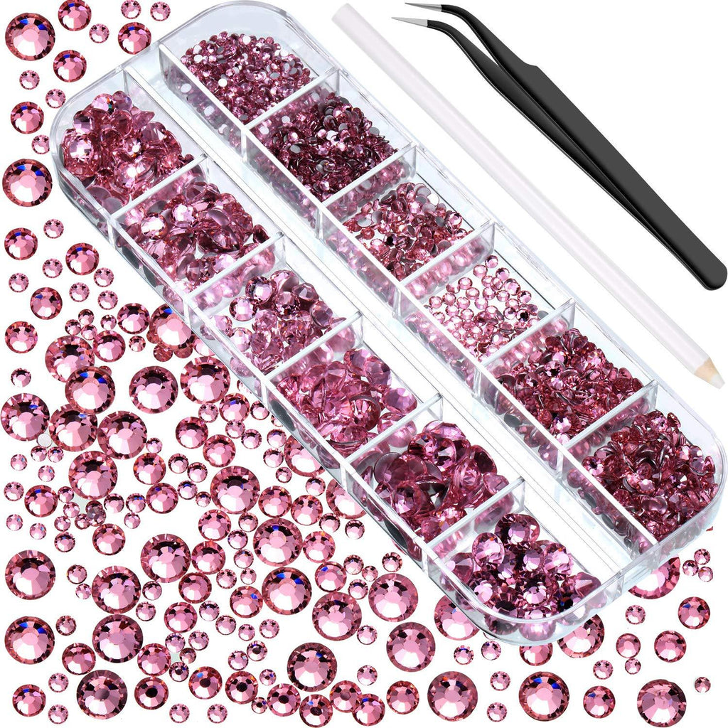 2000 Pieces Flat Back Gems Round Crystal Rhinestones 6 Sizes (1.5-6 mm) with Pick Up Tweezer and Rhinestones Picking Pen for Crafts Nail Face Art Clothes Shoes Bags DIY (Rose) Rose - BeesActive Australia