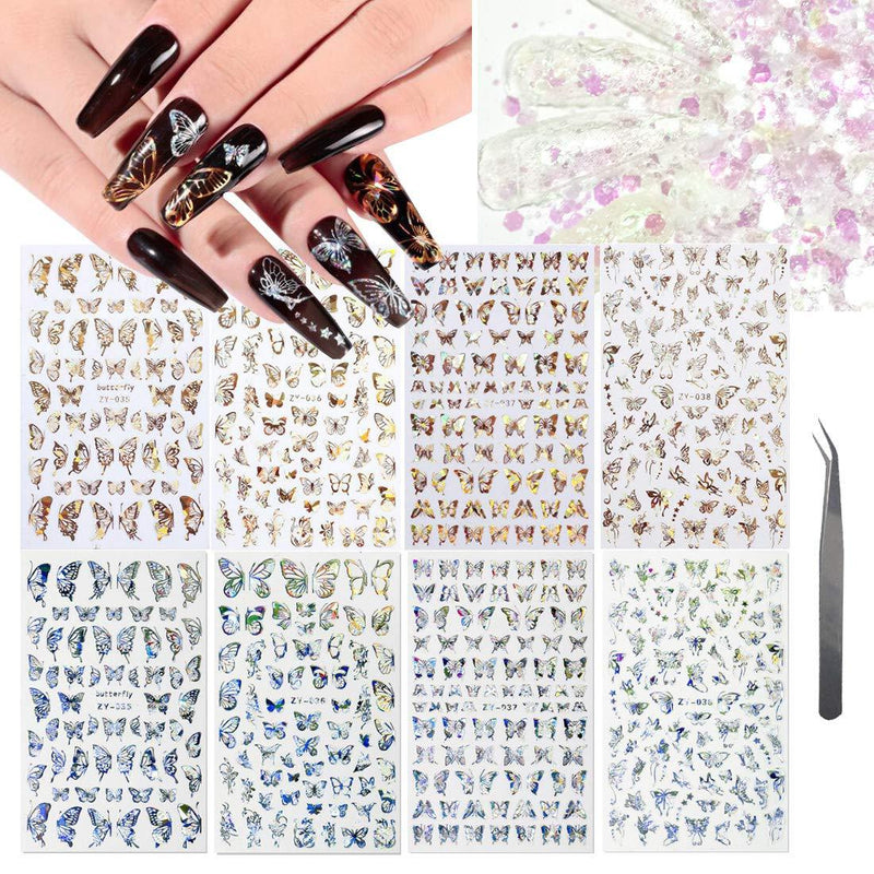 8pcs Holographic Butterfly Nail Art Sticker Gold Silver Ultra Thin Self-adhesive Nail Decals with 15g Mixed Nails Sequin Flakes for Nail Art Decoration Butterfly Nail Sticker - BeesActive Australia