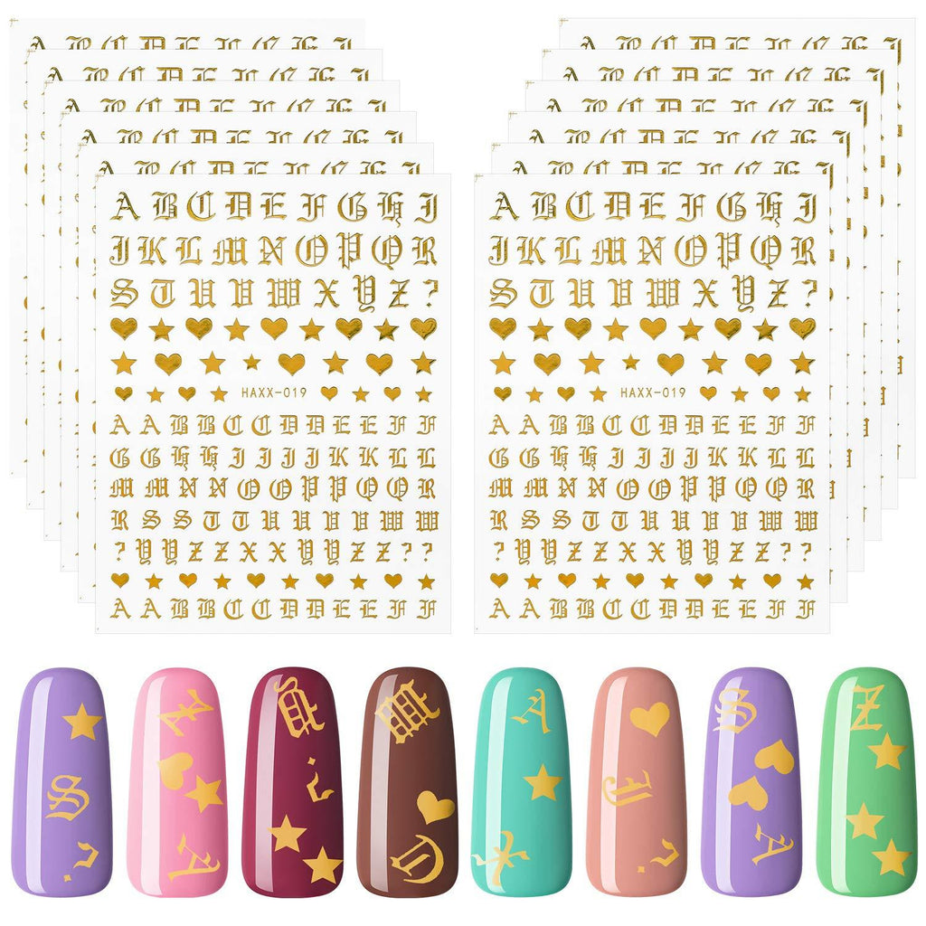OIIKI 12PCS Old English Alphabet Nail Stickers, Russia Letter Word Numbers Nail Wrap Manicure, Adhesive Letter Nail Decals, for DIY Foil Decals Nail Art Tips (Golden) - BeesActive Australia