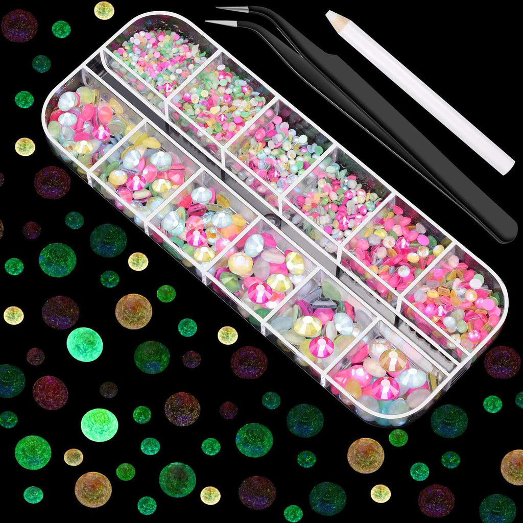 2000 Pieces Flat Back Gems Round Crystal Rhinestones 6 Sizes (1.5-6 mm) with Pick Up Tweezer and Rhinestones Picking Pen for Crafts Nail Face Art Clothes Shoes Bags DIY (Neon Multicolor) - BeesActive Australia