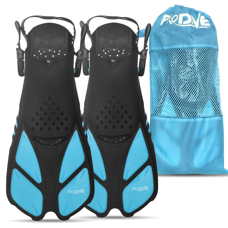 PRODIVE Snorkel and Swim Fins  Adjustable Open-Heel, Short-Blade Snorkeling and Diving Flippers Add Efficiency to Swimming and Diving  Sizes to Fit Men, Women and Kids  Compact and Great for Travel Aqua X-Small - BeesActive Australia