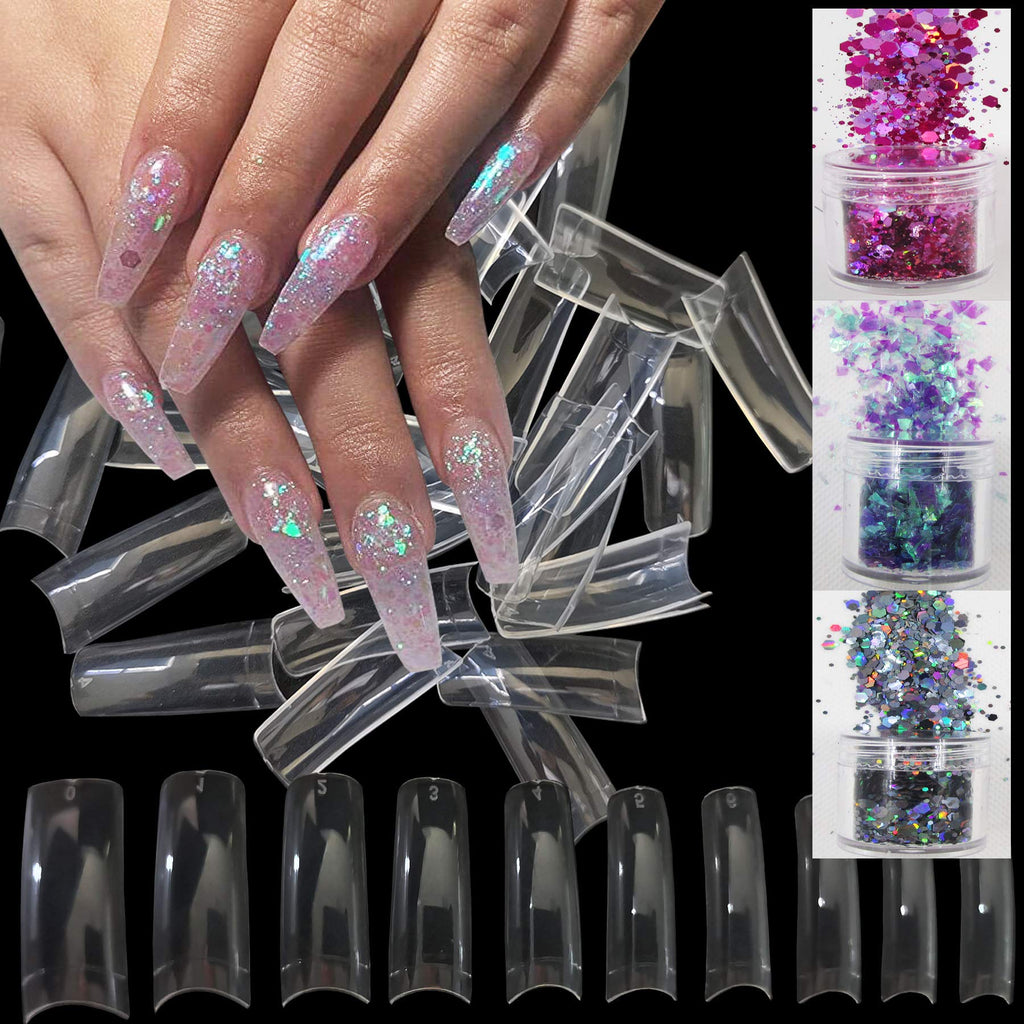 Nail Art Tips Kit 500pc Clear Acrylic Artificial French False Nails Holographic Hexagon Chunky Glitter Sequins Iridescent Purple Nail Glitters Flakes with Applicator (Long French) Long French - BeesActive Australia